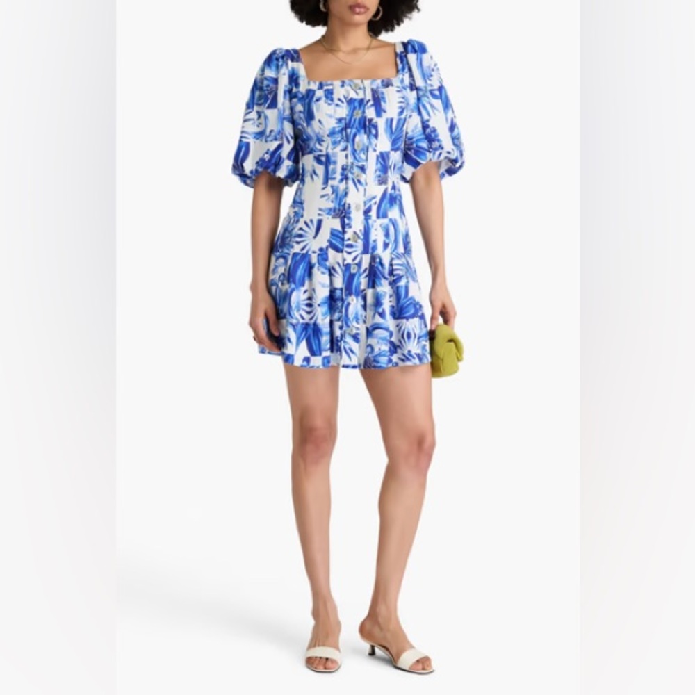 Blue & White Floral Puff-Sleeve Mini Dress